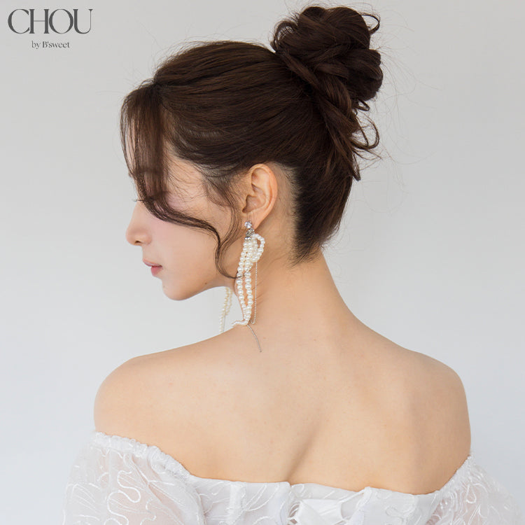 【ac286mo】リボンパールチェーンピアス