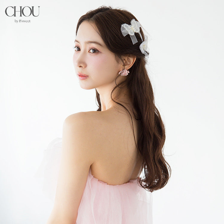 【ac297mo】オーガンジーリボン パールヘアクリップ