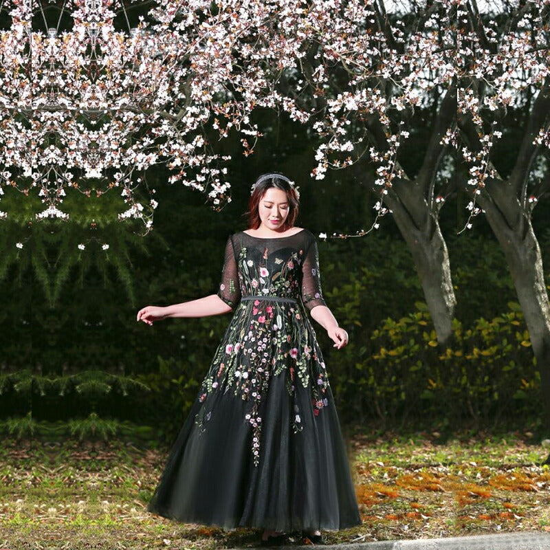 【fhk26】カラフル刺繍七分丈ブラックカラードレス【XL~7XLサイズ】