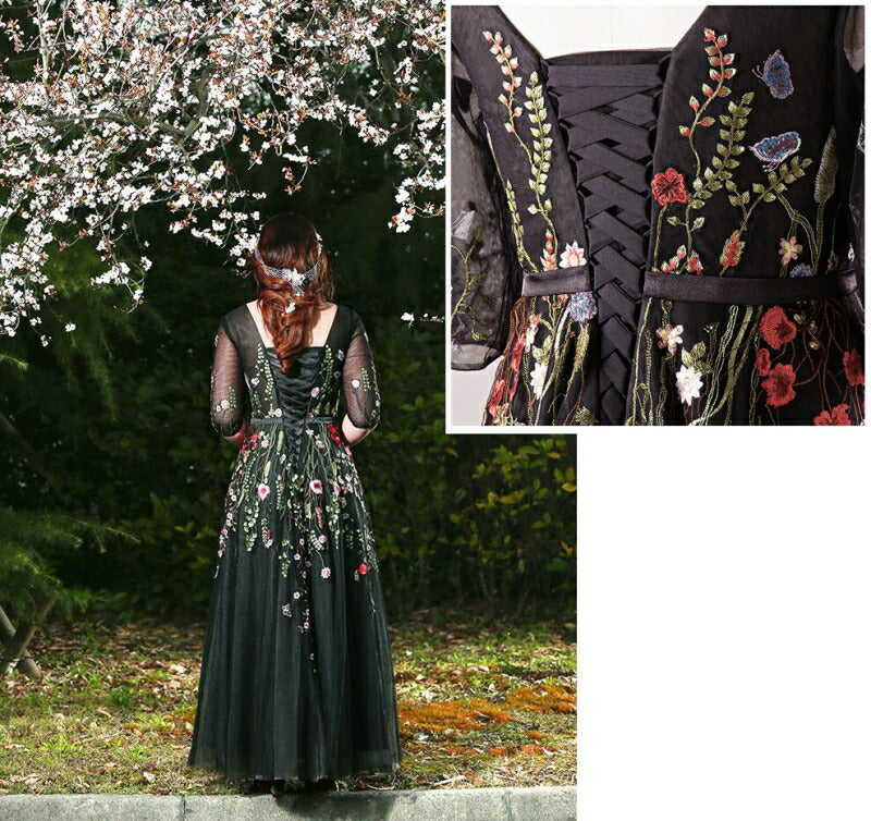 【fhk26】カラフル刺繍七分丈ブラックカラードレス【XL~7XLサイズ】