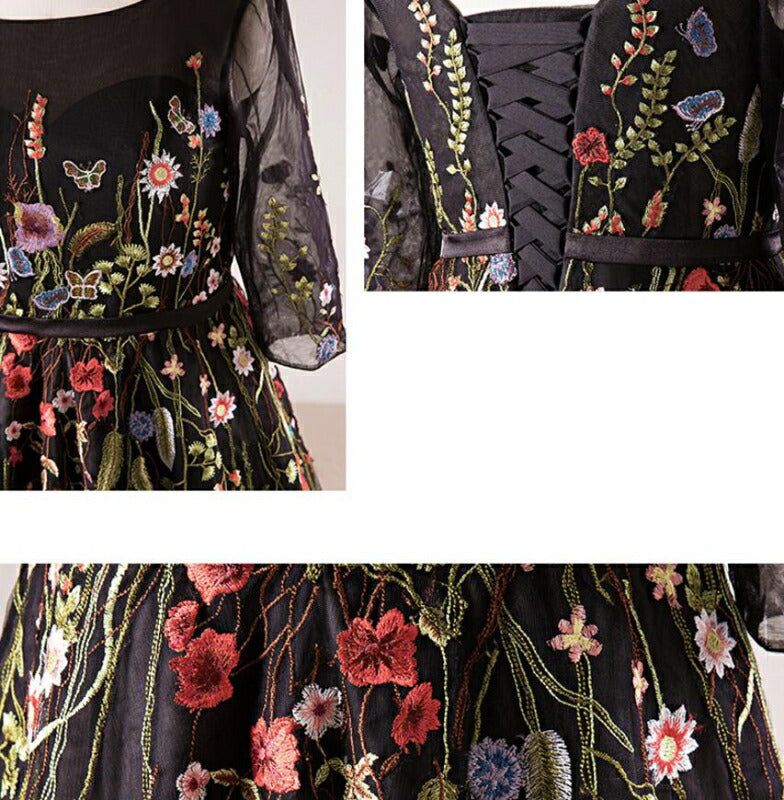 【fhk26】カラフル刺繍七分丈ブラックカラードレス【XL~7XLサイズ】