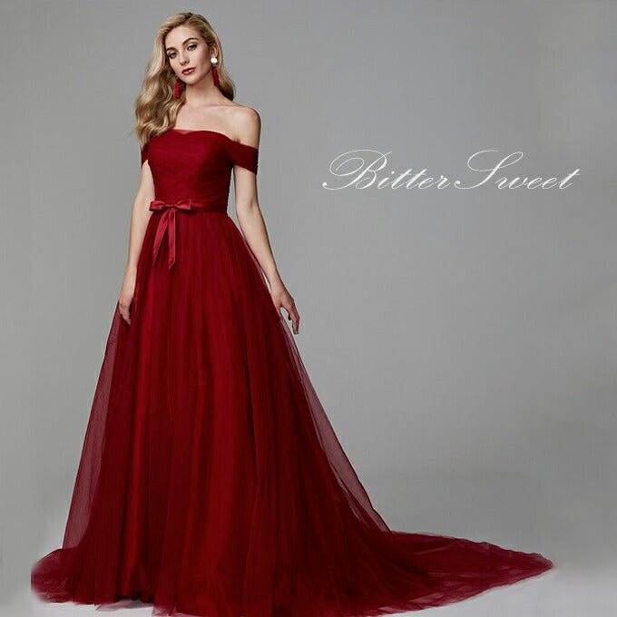 【fhk33】ウェストリボンオフショルワインレッドドレス【XL-7XLサイズ】