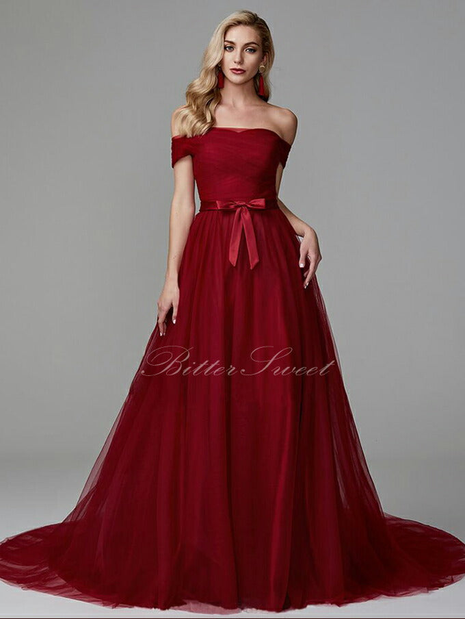 【fhk33】ウェストリボンオフショルワインレッドドレス【XL-7XLサイズ】