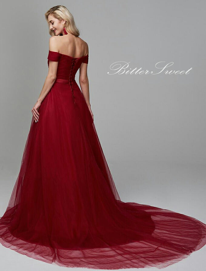 【fhk33】ウェストリボンオフショルワインレッドドレス【XL-7XLサイズ】