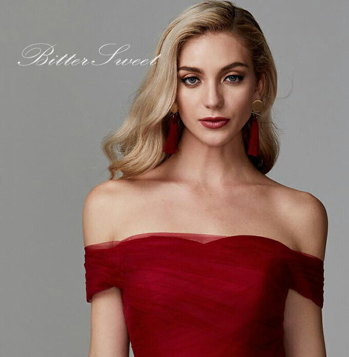 【fhk33】ウェストリボンオフショルワインレッドドレス【XL-7XLサイズ】