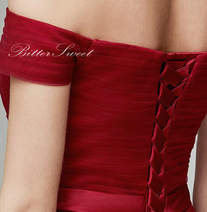 【fhk33】ウェストリボンオフショルワインレッドドレス【XL-7XLサイズ】