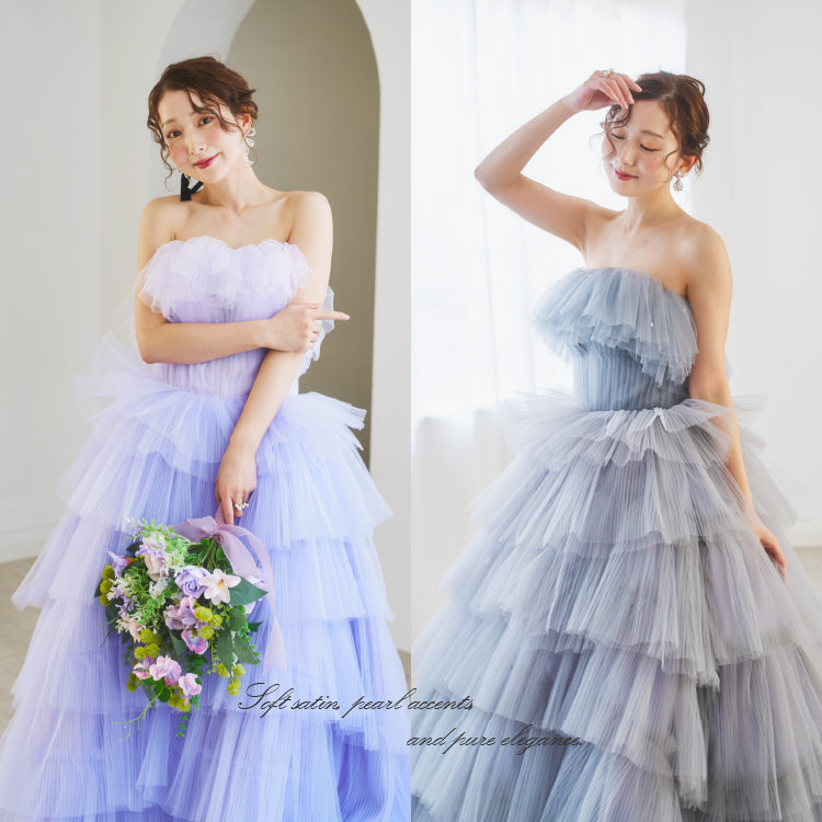 【kd134yi】ボリュームチュールティアードスカートカラードレス 2カラー