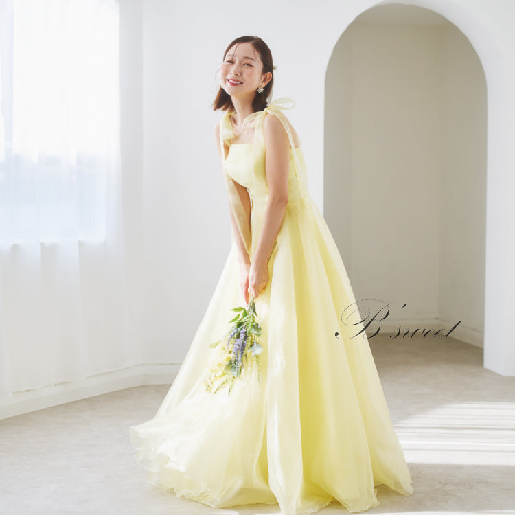 【kd135su】肩リボンイエローカラードレス