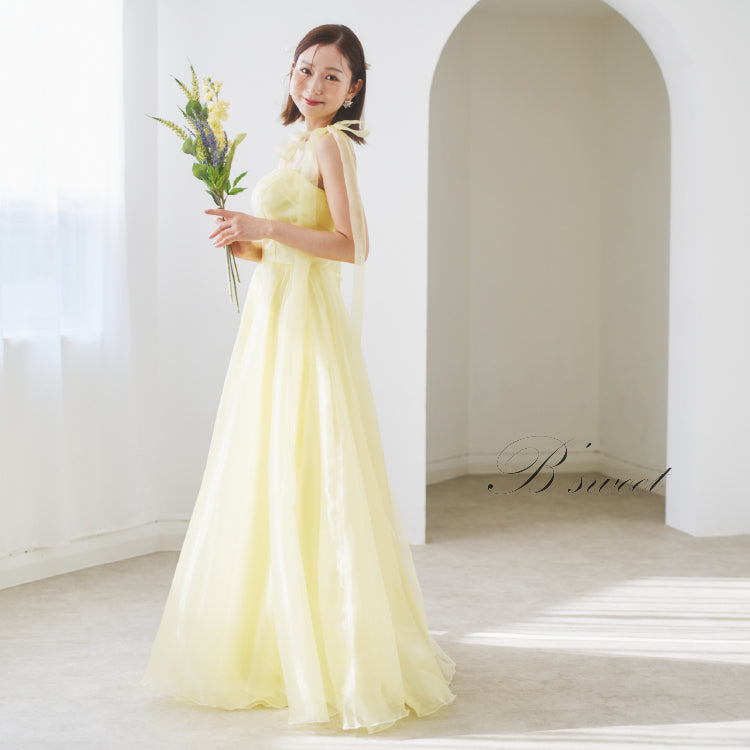 【kd135su】肩リボンイエローカラードレス