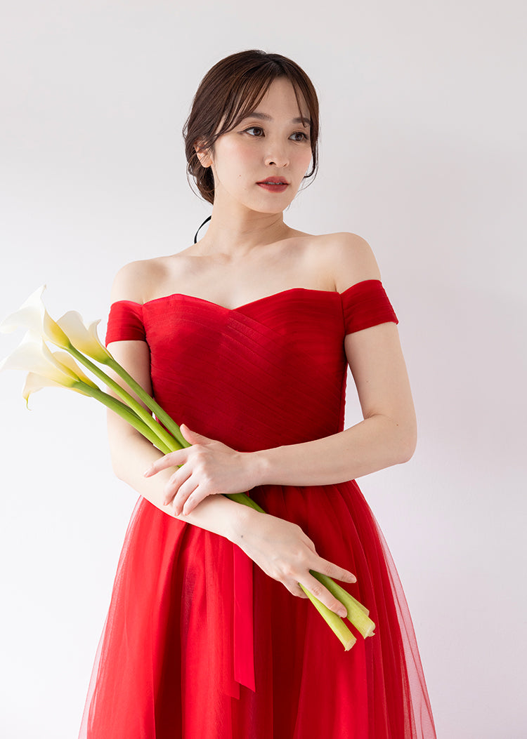 【kd18wq】オフショルウエストリボンレッドカラードレス