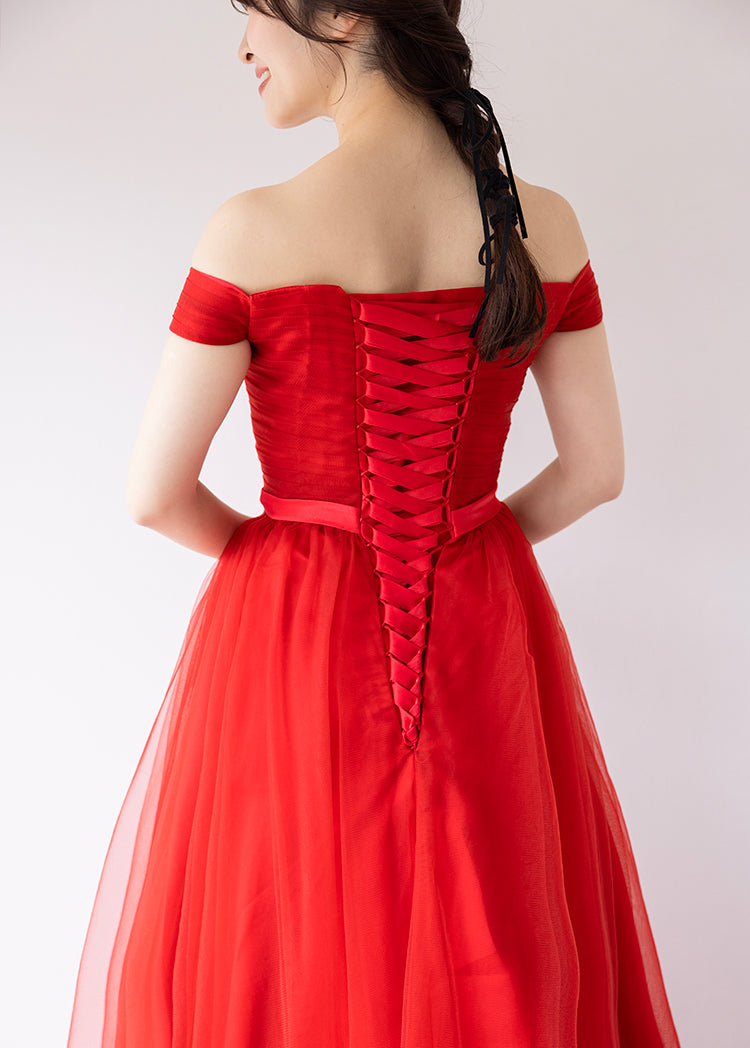 【kd18wq】オフショルウエストリボンレッドカラードレス