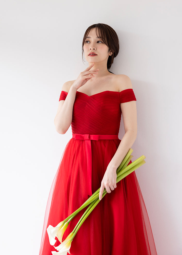 【kd18wq】オフショルウエストリボンレッドカラードレス