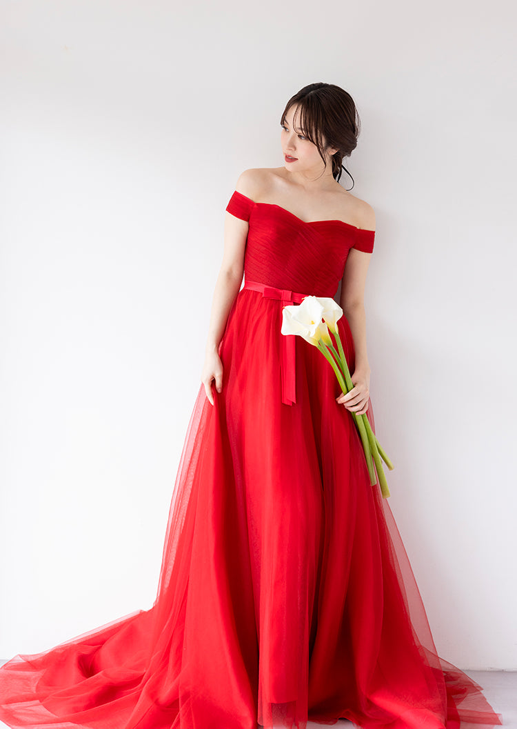 【kd18wq】オフショルウエストリボンレッドカラードレス