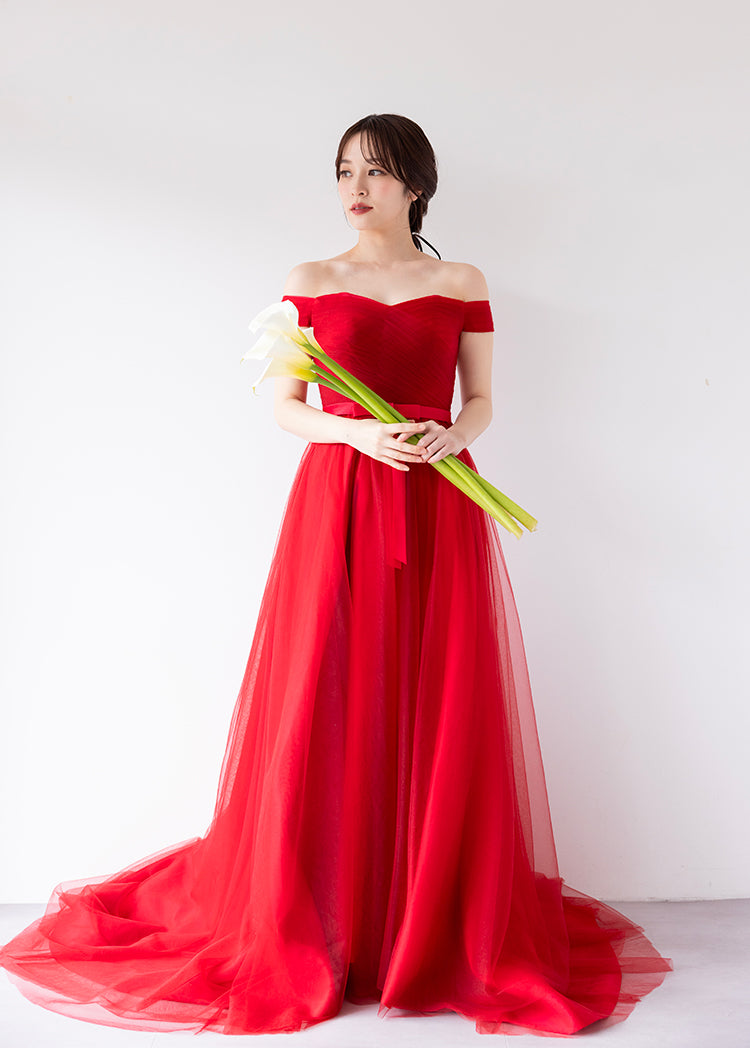 【kd18wq】オフショルウエストリボンレッドカラードレス