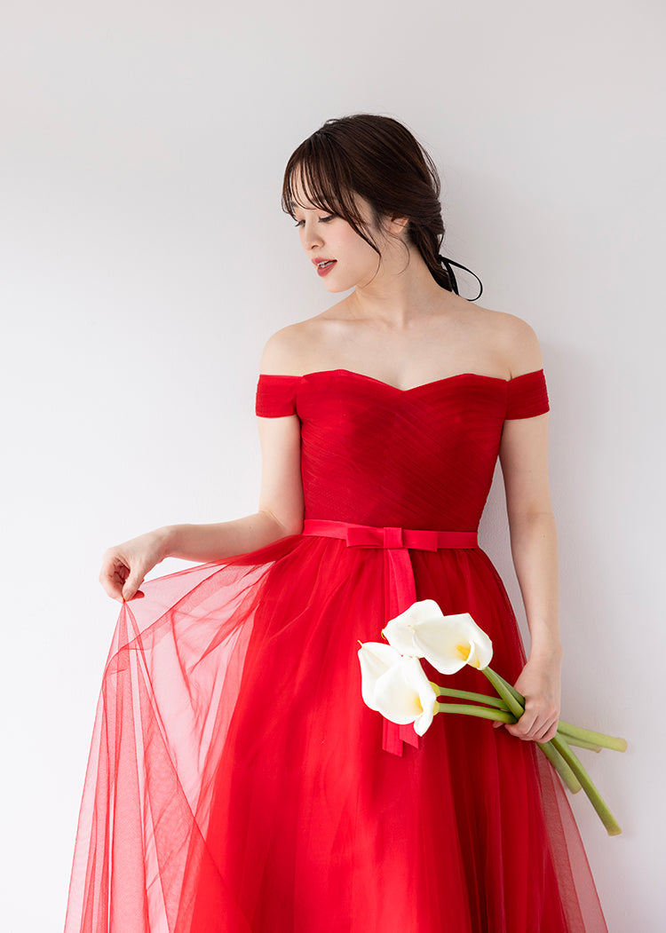 【kd18wq】オフショルウエストリボンレッドカラードレス