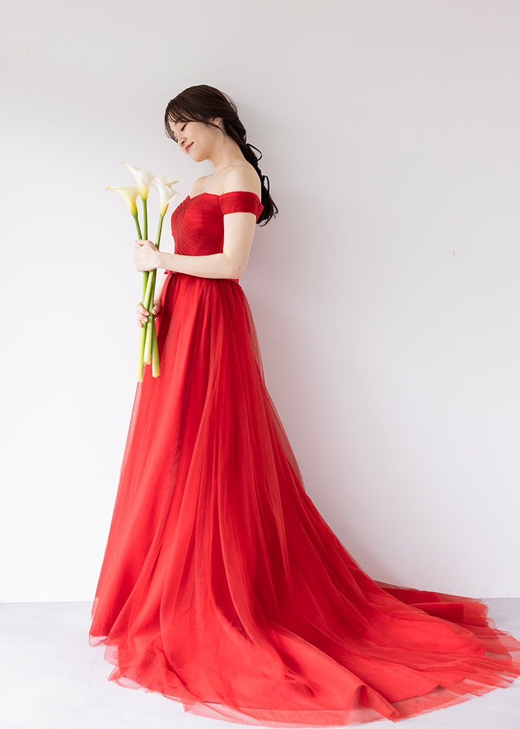 【kd18wq】オフショルウエストリボンレッドカラードレス