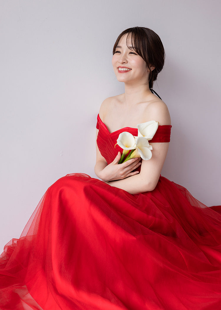 【kd18wq】オフショルウエストリボンレッドカラードレス