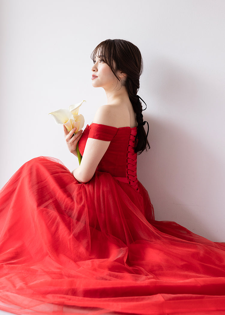 【kd18wq】オフショルウエストリボンレッドカラードレス