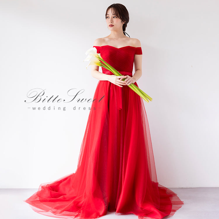 【kd18wq】オフショルウエストリボンレッドカラードレス