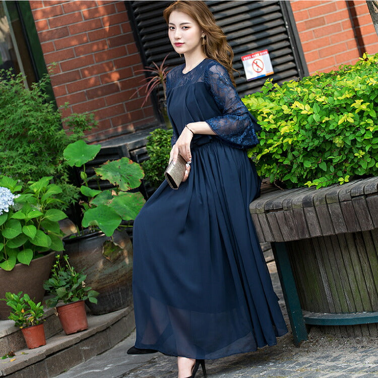 【pd11】ロングスリーブレース胸元フリルワンピース