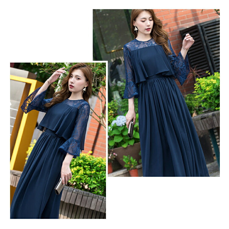 【pd11】ロングスリーブレース胸元フリルワンピース