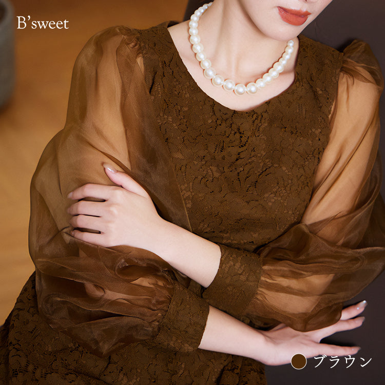 【pd37cy】シアースリーブレースワンピースドレス