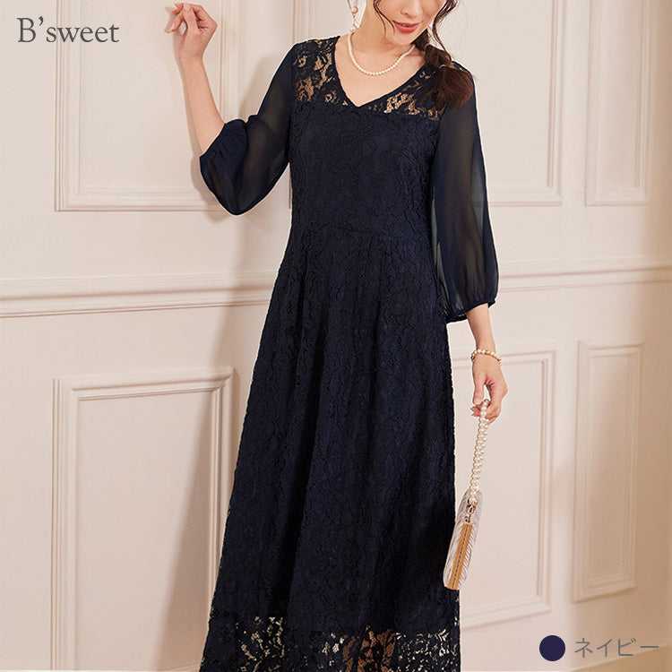 【pd44cy】Vネックレースワンピースドレス