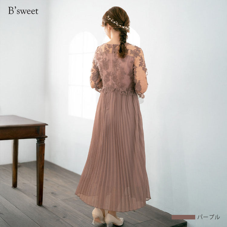 【pd47cy】レースプリーツワンピースドレス