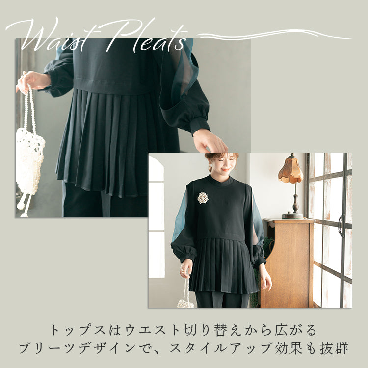 【pd49cy】プリーツ切り替えセットアップパンツドレス