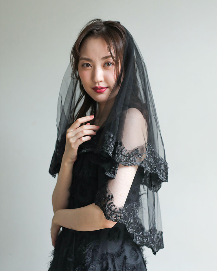 【ts157wn】ブラックレースミディアムベール コーム付き【長さ60cm/80cm】