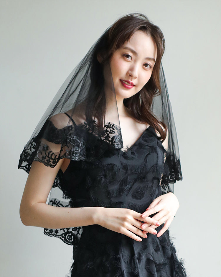 【ts157wn】ブラックレースミディアムベール コーム付き【長さ60cm/80cm】