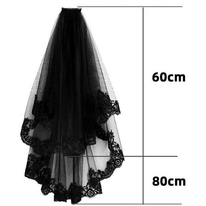 【ts157wn】ブラックレースミディアムベール コーム付き【長さ60cm/80cm】