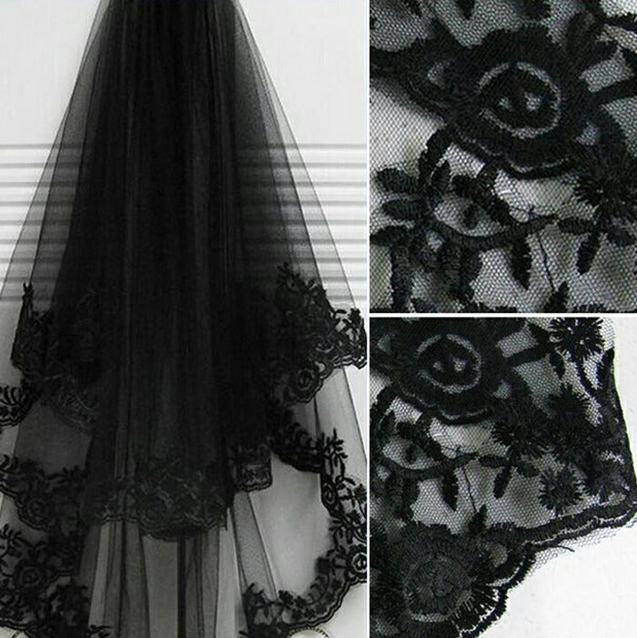 【ts157wn】ブラックレースミディアムベール コーム付き【長さ60cm×80cm】