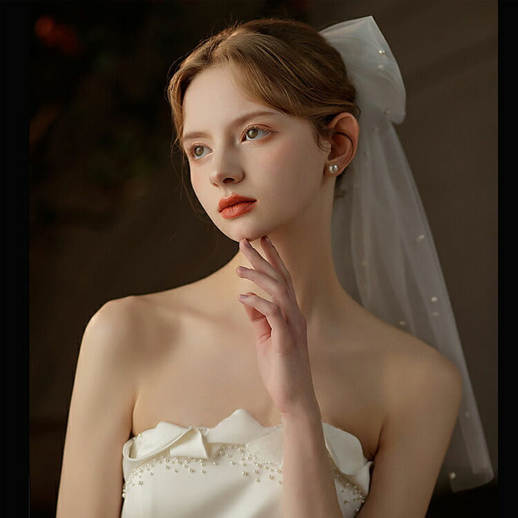 【ts239iy】パールチュールリボンベール コーム付き 【サイズ:41cm * 35cm】