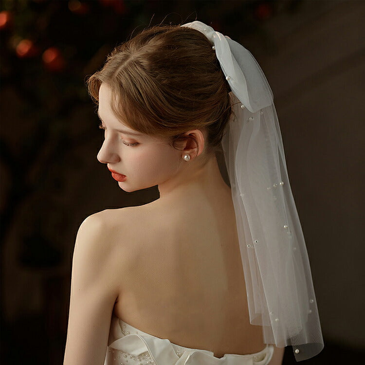 【ts239iy】パールチュールリボンベール コーム付き 【サイズ:41cm * 35cm】