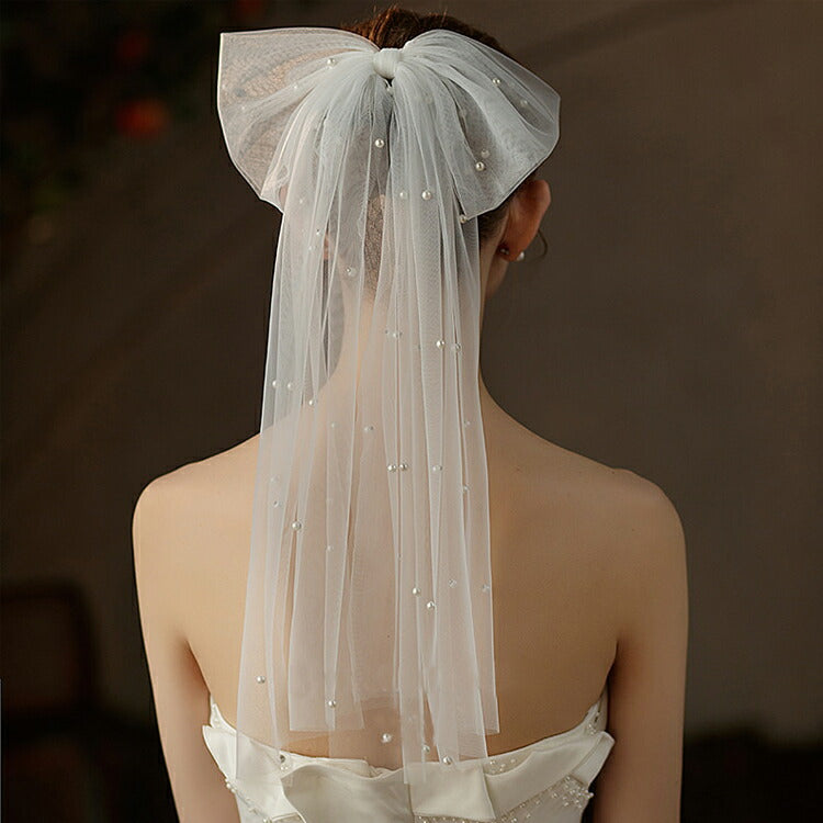 【ts239iy】パールチュールリボンベール コーム付き 【サイズ:41cm * 35cm】