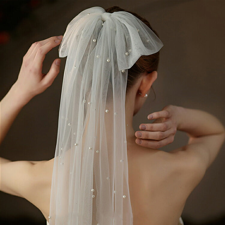 【ts239iy】パールチュールリボンベール コーム付き 【サイズ:41cm * 35cm】