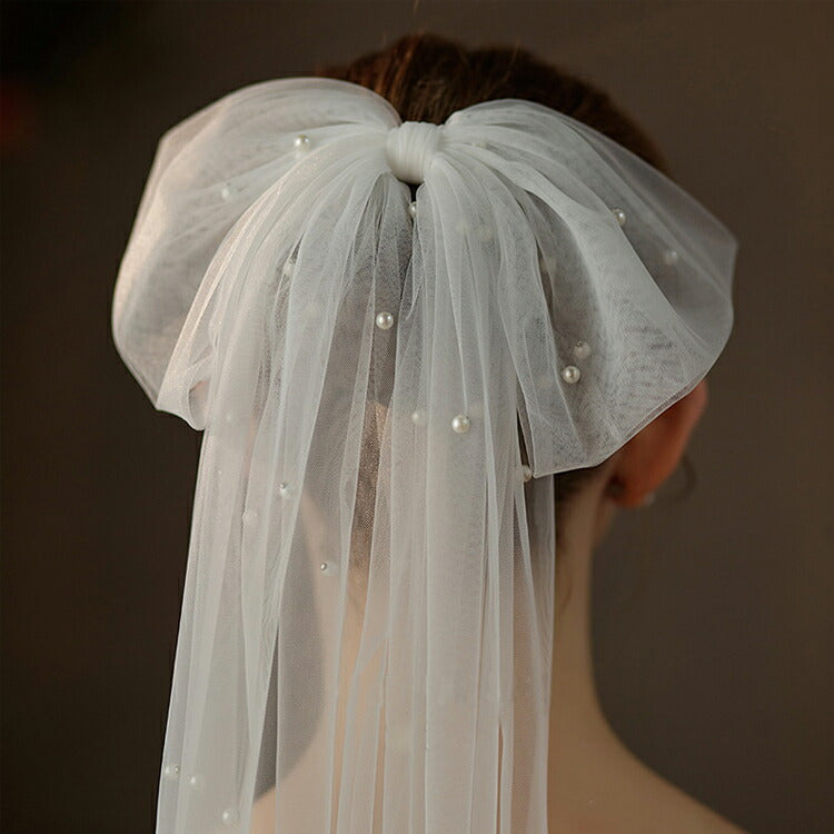 【ts239iy】パールチュールリボンベール コーム付き 【サイズ:41cm * 35cm】