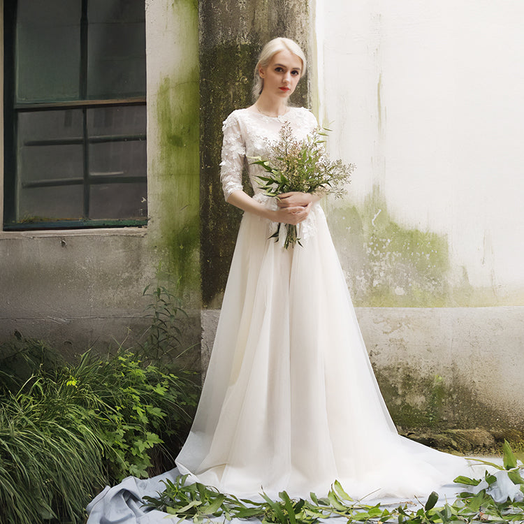 【ur16】七分丈ビージングフラワーモチーフドレス スレンダーライン