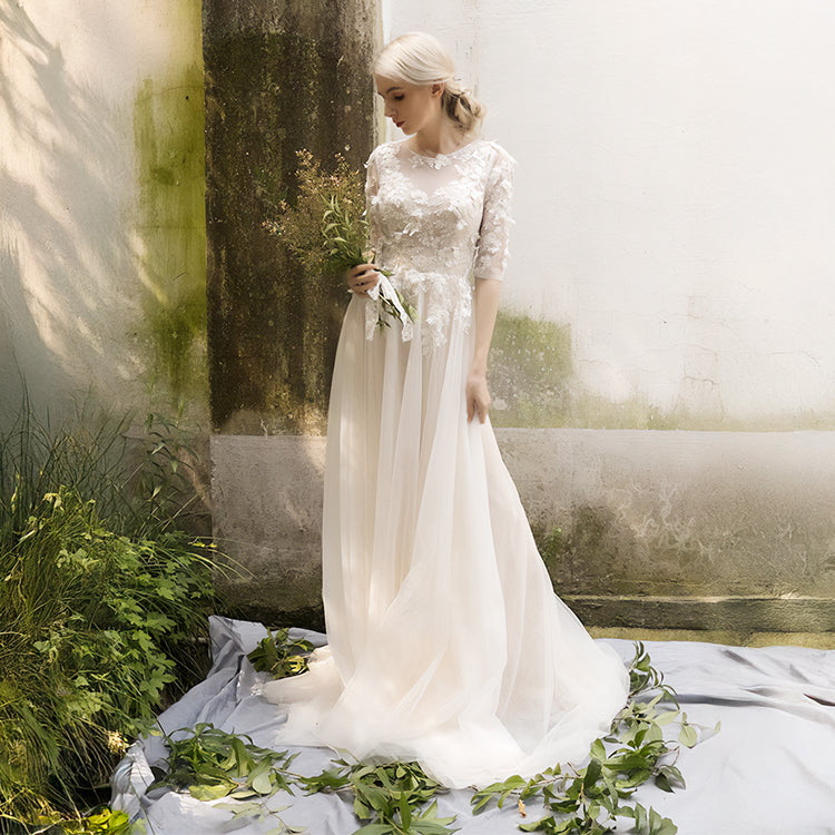 【ur16】七分丈ビージングフラワーモチーフドレス スレンダーライン