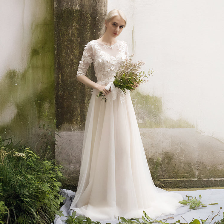 【ur16】七分丈ビージングフラワーモチーフドレス スレンダーライン