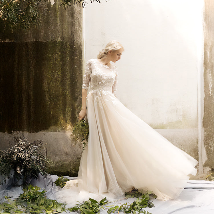 【ur16】七分丈ビージングフラワーモチーフドレス スレンダーライン