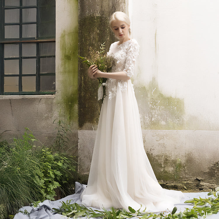 【ur16】七分丈ビージングフラワーモチーフドレス スレンダーライン