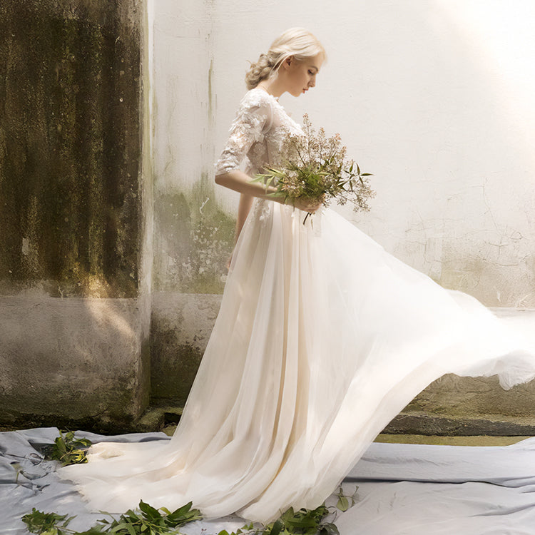 【ur16】七分丈ビージングフラワーモチーフドレス スレンダーライン