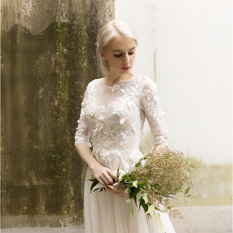 【ur16】七分丈ビージングフラワーモチーフドレス スレンダーライン