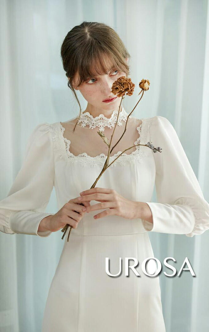 【ur21】ロングスリーブサテンネックレースソフトマーメイドドレス マーメイドライン