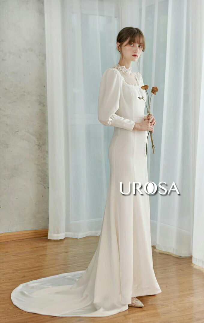 【ur21】ロングスリーブサテンネックレースソフトマーメイドドレス マーメイドライン