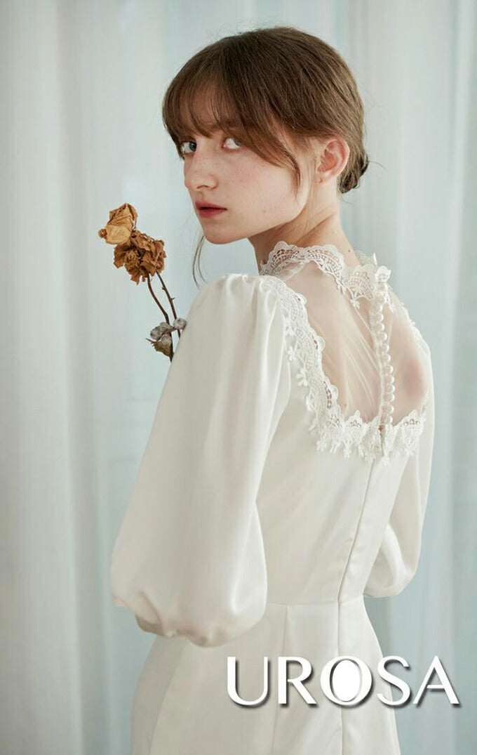 【ur21】ロングスリーブサテンネックレースソフトマーメイドドレス マーメイドライン