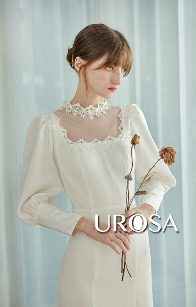 【ur21】ロングスリーブサテンネックレースソフトマーメイドドレス マーメイドライン