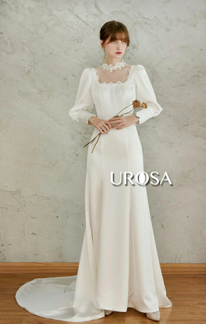 【ur21】ロングスリーブサテンネックレースソフトマーメイドドレス マーメイドライン